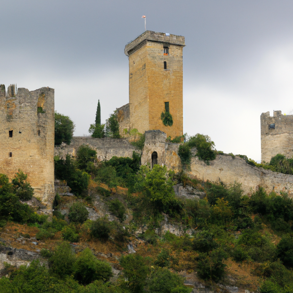 Décrivez un château médiéval imposant perché au sommet d\'une colline.